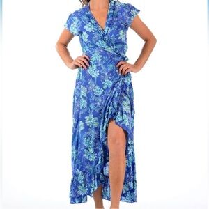 Walker & Wade NWT Voyager Ocean Blue Wrap Flowy Floral Dress NEW XL